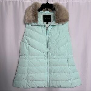 Talbots Women’s Mint Green Faux Fur Collar Down Puffer Vest sz M Light blue